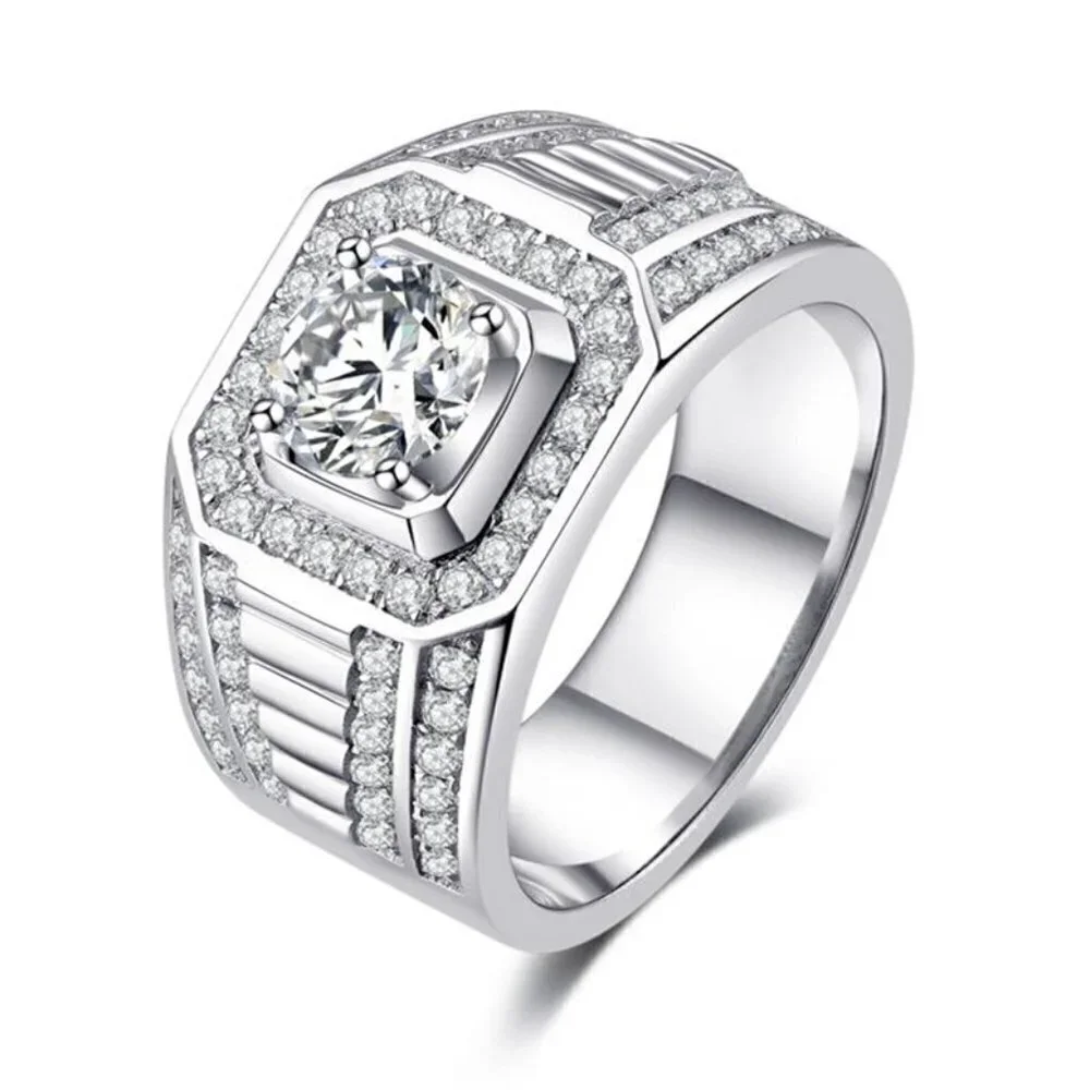 💎Fever Square Glitter Zircon Silver Chunky Wedding Rings for Man, PD663